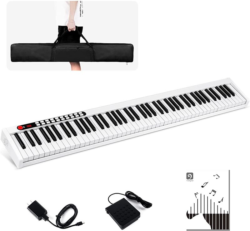 Photo 1 of Vangoa Piano Keyboard, 88 Key Portable Keyboard Piano Electric Beginner with Touch Sensitive Keys, Wireless Connection, Sustain Pedal, Power Supply and Storage Bag, White