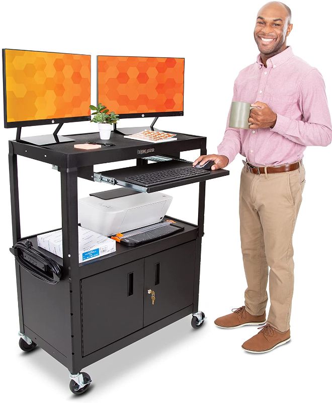 Photo 1 of Line Leader Large AV Cart with Locking Cabinet | Height Adjustable Utility Cart | Includes Pullout Keyboard Tray & Cord Management | Easy Assembly (32in x 18in x 42in / Black)
