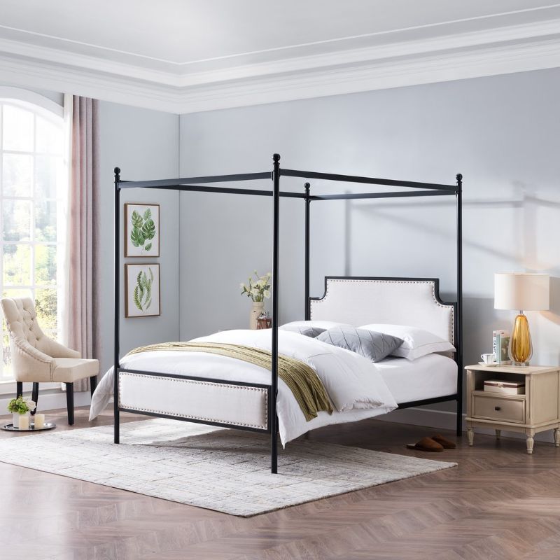 Photo 1 of  Asa Queen Size Iron Canopy Bed Frame with Upholstered Studded Headboard-INCOMPLETE 