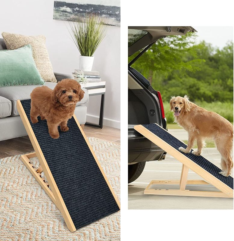 Photo 1 of  Wooden Adjustable Pet Ramp - Folding Portable Dog & Cat Ramp Perfect for Bed and Car - Non Slip Carpet Surface Height Adjustable Ramp Up to 100 Lbs