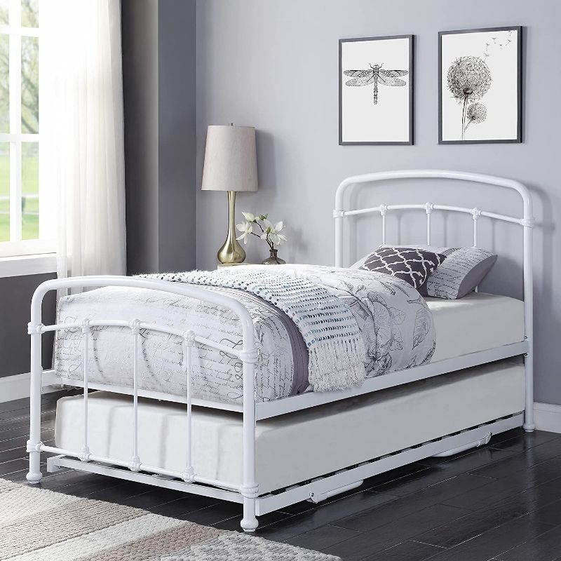 Photo 1 of INCOMPLETE- BOX 1 OF 2- DG Casa Newton Metal Platform Bed Frame with Trundle and Full Wooden Slats, Box Spring Not Required - Twin Size in White
