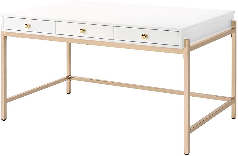 Photo 1 of Acme Furniture Ottey Desk, White High Gloss & Gold