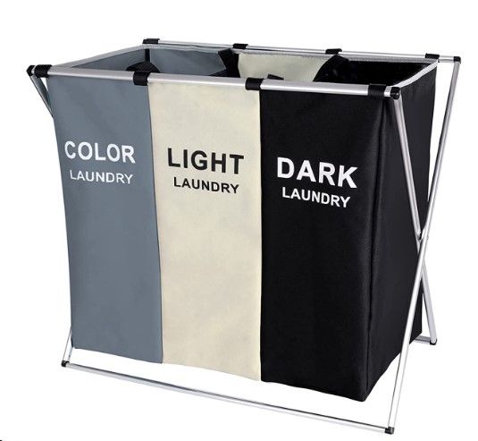 Photo 1 of 135L Laundry Cloth Hamper Sorter Basket Bag Bin Foldable 3 Sections with Aluminum Frame 24'' × 14'' x 23'' Washing Storage Dirty Clothes Bag for Bathroom Bedroom Home (White+Grey+Black)