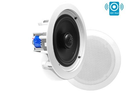 Photo 1 of 8” Ceiling Wall Mount Speakers - Pair of 2-Way Midbass Woofer Speaker 70v Transformer Directable 1” Titanium Dome Tweeter Flush Design w/ 55Hz-22kHz Frequency Response & 300 Watts Peak - Pyle PDIC80T White