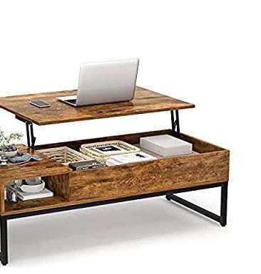 Photo 1 of Aheaplus Lift Top Coffee Table with Storage, 43.3" Wood Lifting Top Central Table Metal Frame, Lift Tabletop Tea Table with Side Pouch, Cocktail Table Modern Pop up Adjustable Table for Living Room