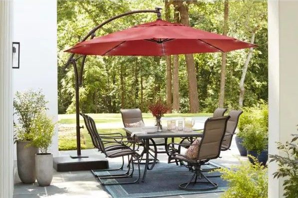 Photo 1 of 11 ft. LED Round Offset Outdoor Patio Umbrella in Chili Red
