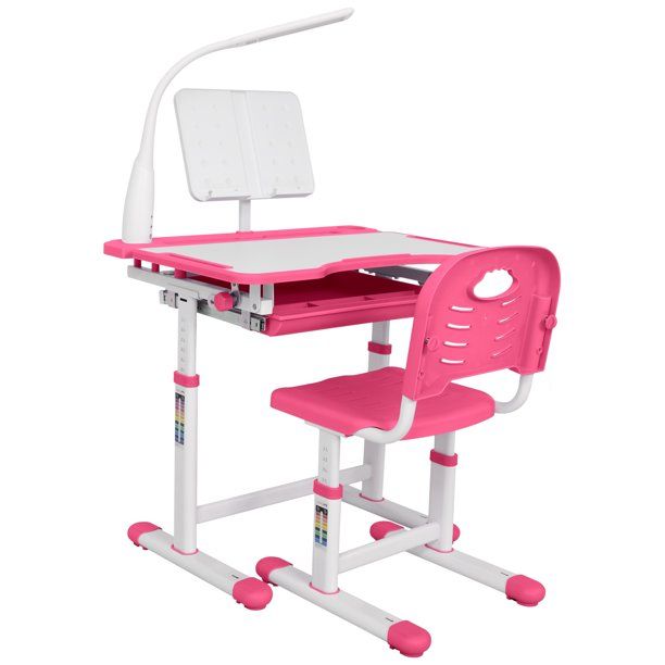 Photo 1 of Adjustable Kid's Study desk and chair set w/Lamp & Pull Out Drawer (Pink) 19.75 x 26.00 x 21.37 Inches


