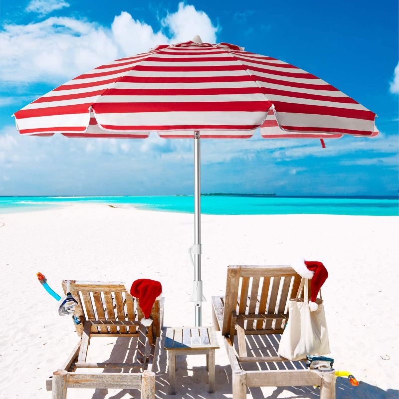 Photo 1 of  6.5ft Beach Umbrella with Sand Anchor & Tilt Mechanism, Portable UV 50+ Protection?Outdoor Sunshade Umbrella with Carry Bag?for Garden Beach Outdoor (Red Stripes)
