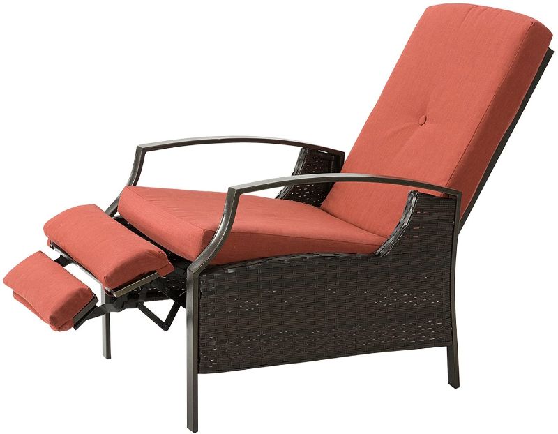 Photo 1 of AbocoFur Patio Wicker Adjustable Recliner Chair, Outdoor Relaxing Lounge Chair with Thick Removable Cushion, Steel Frame Rattan Sofa for Garden, Backyard, Porch, Water Resistant, Red
