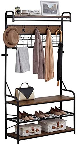 Photo 1 of 5-In-1 Entryway Hall Tree with Shoe Bench, Coat Rack with 11 Hooks and 2 Hanging Rods, Grid Panel for Memo and Photo Display, Brown Finish
Amazon lookup is B09239Q2WQ