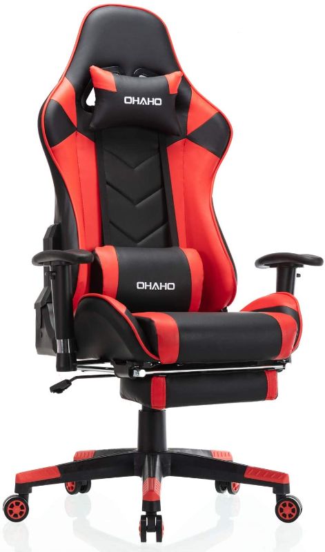 Photo 1 of OHAHO Gaming Chair Racing Style Office Chair Adjustable Massage Lumbar Cushion Swivel Rocker Recliner Leather High Back Ergonomic Computer Desk Chair with Retractable Arms and Footrest (Black/Red)