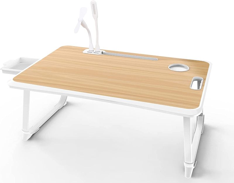 Photo 1 of Keggs Laptop Bed Desk Tray, Lap Desk for Bed 4 USB Ports Laptop Stand Bed Lap Table Tray with Foldable Legs Storage Drawer for Home Bed Couch Floor, Yellow
