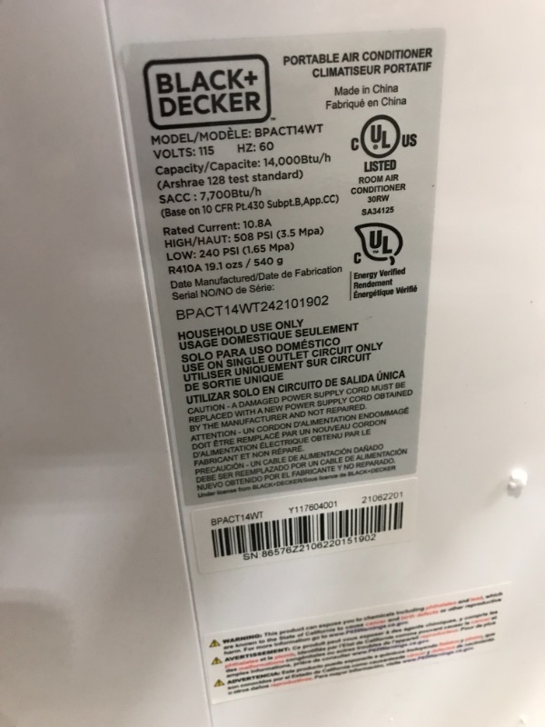 Photo 7 of BLACK+DECKER 8,000 BTU DOE (14,000 BTU ASHRAE) Portable Air Conditioner with Remote Control, White