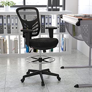 Photo 1 of Flash Furniture Mid-Back Black Mesh Ergonomic Drafting Chair with Adjustable Chrome Foot Ring, Adjustable Arms and Black Frame
