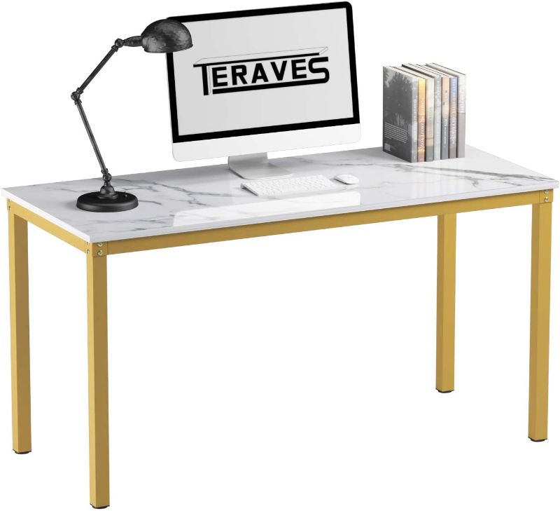 Photo 1 of Teraves Computer Desk/Dining Table Office Desk Sturdy Writing Workstation for Home Office (55.11“, White Marbling+ Gold Frame)
