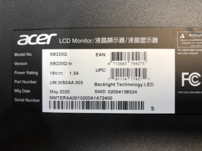 Photo 1 of Acer SB220Q bi 21.5 Inches Full HD (1920 x 1080) IPS Ultra-Thin Zero Frame Monitor (HDMI & VGA Port), Black
