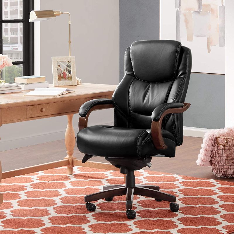 Photo 1 of La-Z-Boy Delano Big & Tall Executive Office Chair | High Back Ergonomic Lumbar Support, Bonded Leather, Black with Mahogany Wood Finish | 45833A
