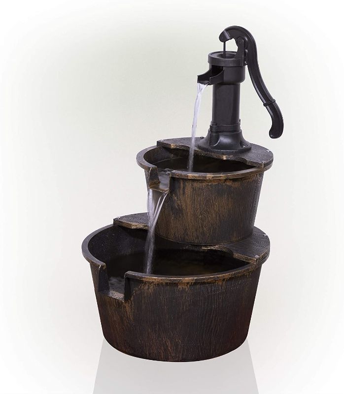 Photo 1 of Alpine Corporation TIZ194BZ Alpine 2-Tier Rustic Pump Barrel Waterfall for Garden, Patio, Deck, Porch-Yard Art Decor Outdoor Water Fountain, Gray
