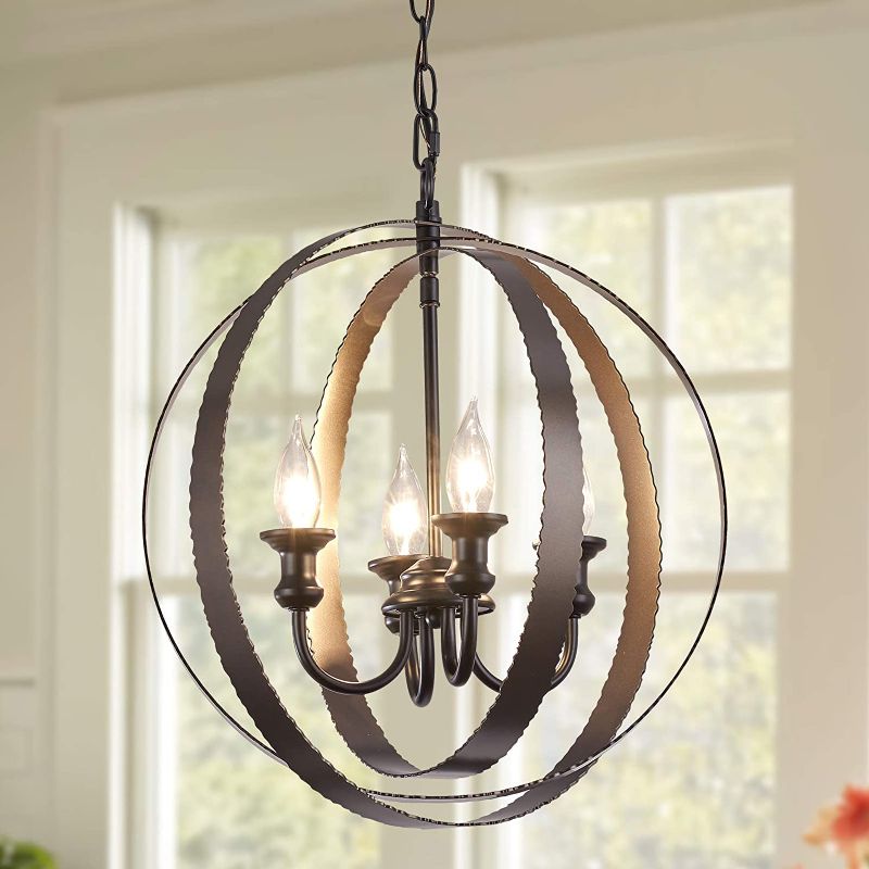 Photo 1 of 4 Light Industrial Chandelier Light Fixture, Orb Chandelier with Oil Rubbed Bronze Finish, Rustic Pendant Lighting for Kitchen Island, Hallway, Dinging Room and Foyer
