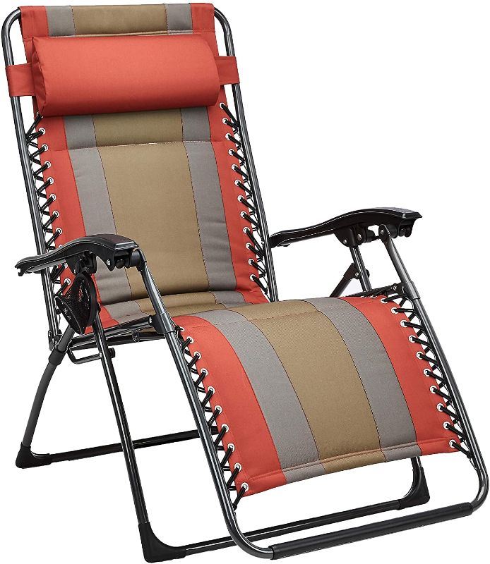 Photo 1 of Amazon Basics Outdoor Padded Adjustable Zero Gravity Folding Reclining Lounge Chair with Pillow - Red
