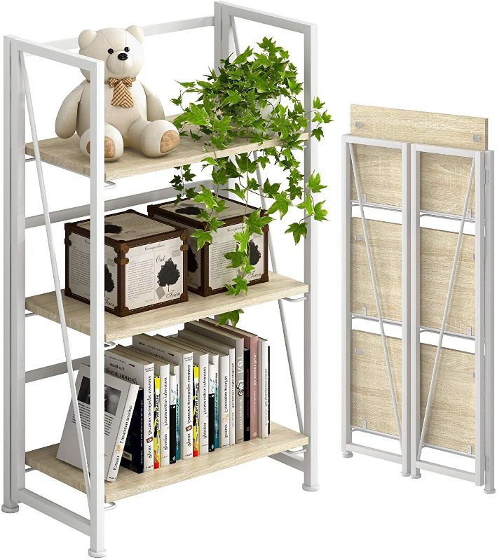 Photo 1 of 4NM No-Assembly Folding Bookshelf Storage Shelves 3 Tiers Vintage Bookcase Standing Racks Study Organizer Home Office (Natural and White)
