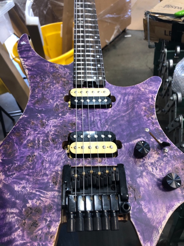 Photo 3 of EART Headless Electric Guitar W2 fixed Bridge for 6 String Travel Guitar, Stainless Steel Frets, Poplar Burl Venner Top, Purple
