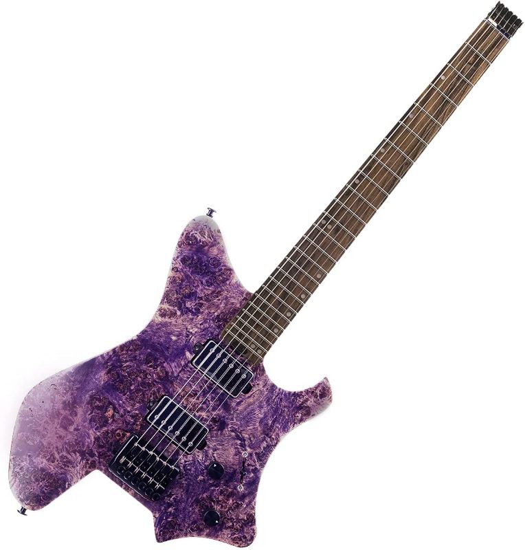 Photo 1 of EART Headless Electric Guitar W2 fixed Bridge for 6 String Travel Guitar, Stainless Steel Frets, Poplar Burl Venner Top, Purple
