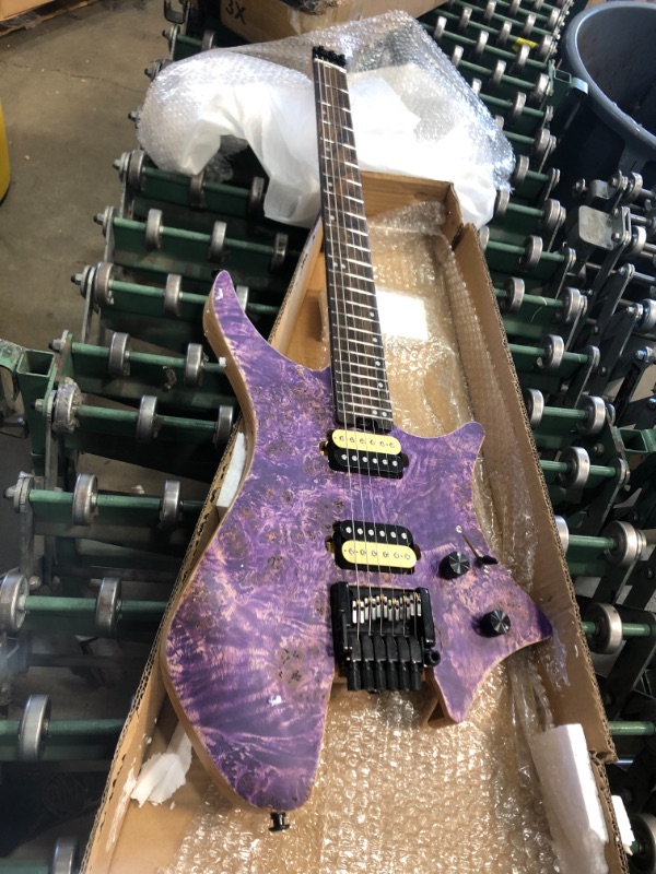 Photo 4 of EART Headless Electric Guitar W2 fixed Bridge for 6 String Travel Guitar, Stainless Steel Frets, Poplar Burl Venner Top, Purple
