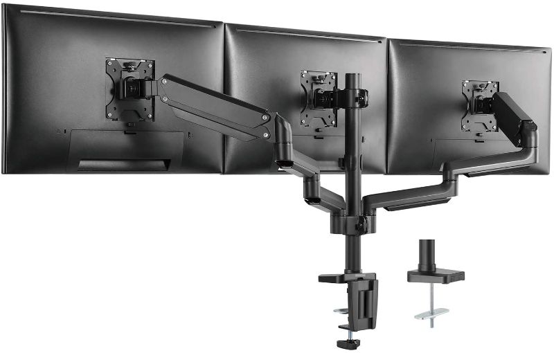 Photo 1 of WALI GSDM003 Premium Triple LCD Monitor Desk Mount Fully Adjustable Gas Spring Stand for Display up to 27 inch, 15.4lbs Weight Capacity, Triple Arm, Black
