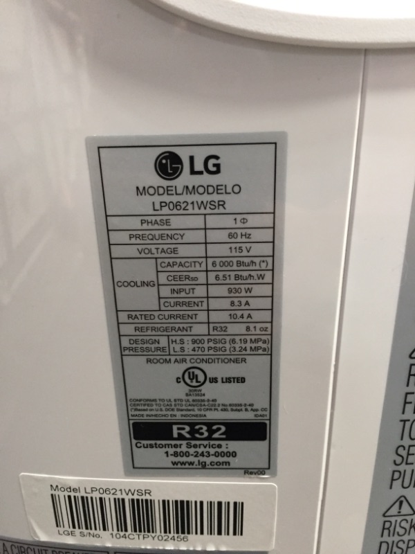 Photo 8 of LG LP0621WSR Portable Air Conditioner with 6000 BTU Cooling Capacity, Remote Control and 2 Fan Speeds in White
