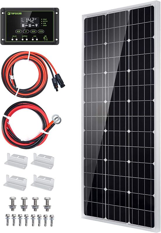 Photo 1 of Topsolar Solar Panel Kit 100 Watt 12 Volt Monocrystalline Off Grid System for Homes RV Boat + 20A 12V/24V Solar Charge Controller + Solar Cables + Z-Brackets for Mounting
