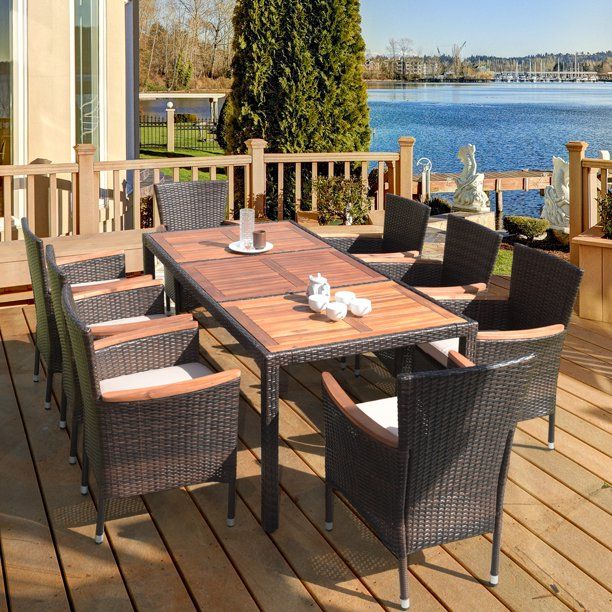 Photo 1 of 9PCS Patio Rattan Dining Set 8 Chairs Cushioned Acacia Table Top

//BOX 3 OF 3 , MISSING BOXES 1 AND 2
