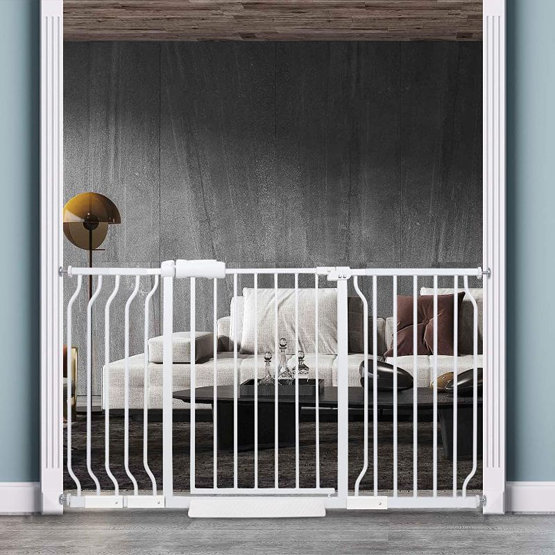 Photo 1 of COSEND Extra Wide Baby Gate Tension Indoor Safety Gates White Metal Large Pressure Mounted Pet Gate Walk Through Long Safety Dog Gate for The House Doorways Stairs (52.76"-57.48"/134-146CM, White)

//MINOR DAMAGE WITH A SCRATCH 
