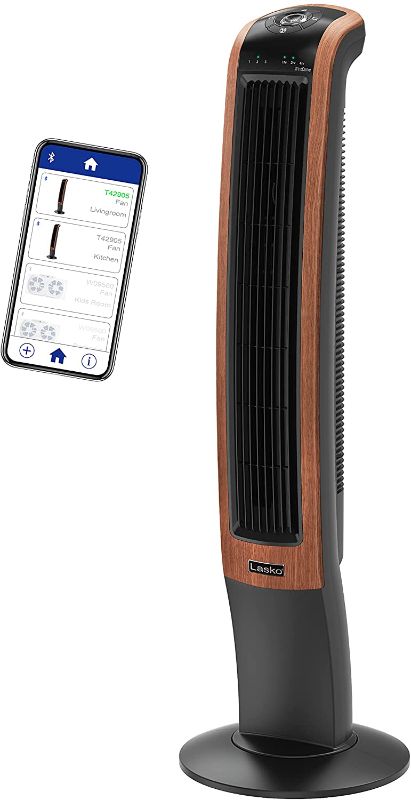 Photo 1 of Lasko Wind Curve Electric Oscillating Tower Fan with Bluetooth Technology for Indoor, Bedroom and Home Office Use, 42", Blackwood T42905

//TESTED AND FUNCTIONAL 
