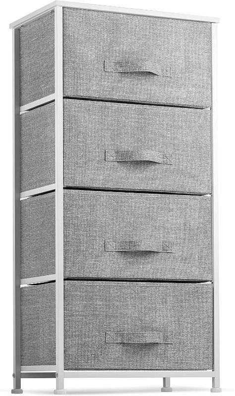 Photo 1 of 4 Drawer Dresser Organizer Tall Fabric Storage Tower for Bedroom, Hallway, Entryway, Closets, Nurseries. Furniture Storage Chest Sturdy Steel Frame, Wood Top, Easy Pull Handle Textured Print Drawers