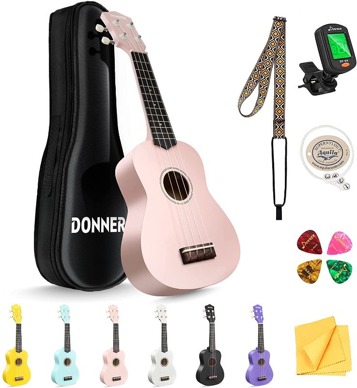 Photo 1 of Donner Soprano Ukulele for Beginner Adult Kid Ukelele with Free Online Lesson Bag Strap String Tuner Pick Cloth, DMU-01 21 Inch Matte ukalalee Bundle Kit Macaron Series-Pink