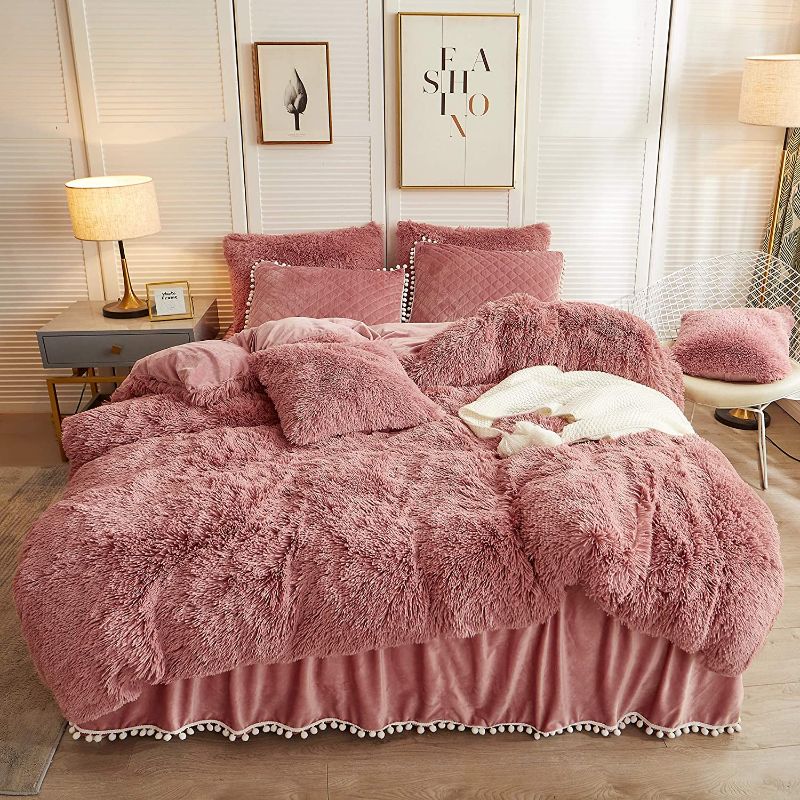 Photo 1 of LIFEREVO Luxury Plush Shaggy Duvet Cover Set (1 Faux Fur Duvet Cover + 2 Pompoms Fringe Pillow Shams) Solid, Zipper Closure (Queen old Pink)