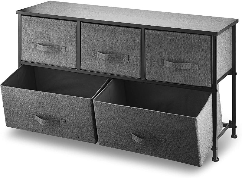 Photo 1 of 5 Drawer Dresser Organizer Fabric Storage Chest for Bedroom, Hallway, Entryway, Closets, Nurseries. Furniture Storage Tower Sturdy Steel Frame, Wood Top, Easy Pull Handle Textured Print Drawers dark grey 