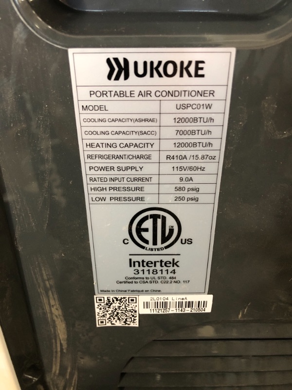 Photo 3 of Ukoke USPC01W Smart WiFi Portable Air Conditioner, Works with Alexa & Mobile App Control, 12000BTU, 4 in 1 AC Unit with Cool, Heat, Dehumidifier & Fan, up to 400 Sq. ft, White


//MIOR COSMETIC DAMAGE, CABLE PLUS IS SMASHED, UNABLE TO TEST FUNCTIONALITY 