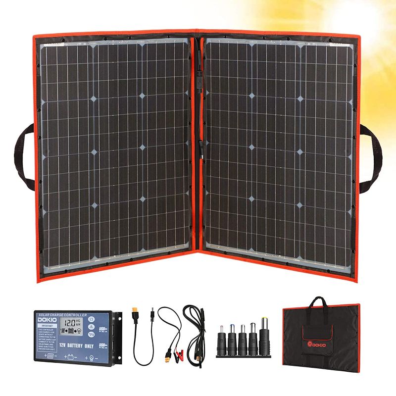 Photo 1 of DOKIO 110w 18v Portable Foldable Solar Panel Kit (21x28inch, 5.9lb) Solar Charger With Controller 2 Usb Output To Charge 12v Batteries/Power Station (AGM, Lifepo4) Rv Camping Trailer Emergency Power

//DOES NOT COME WITH ACCESSORIES IN PICTURE 