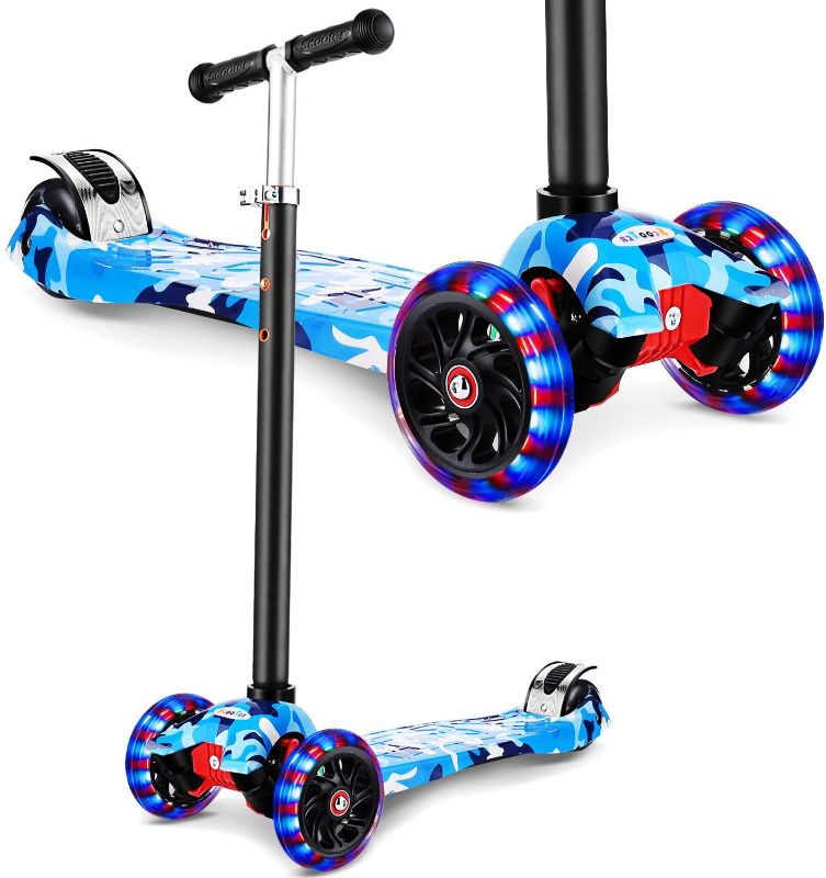 Photo 1 of Hikole Scooter for Kids, 3 Wheel Kick Scooter for Toddlers Girls & Boys,Adjustable Height, Lean to Steer, Extra-Wide Deck, Kids Scooter with LED Light Up Wheels for Children Ages 4-12 Max Load 50KG
