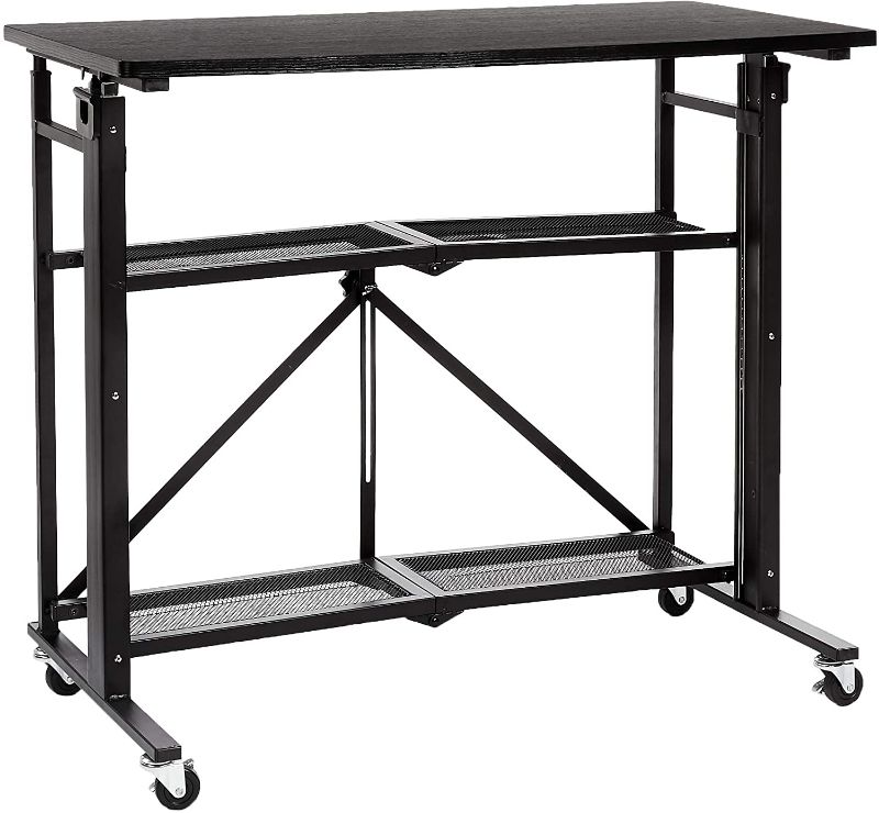 Photo 1 of Amazon Basics Foldable Standing Computer Desk with Storage Shelf, Adjustable Height, Easy Assembly - Black
