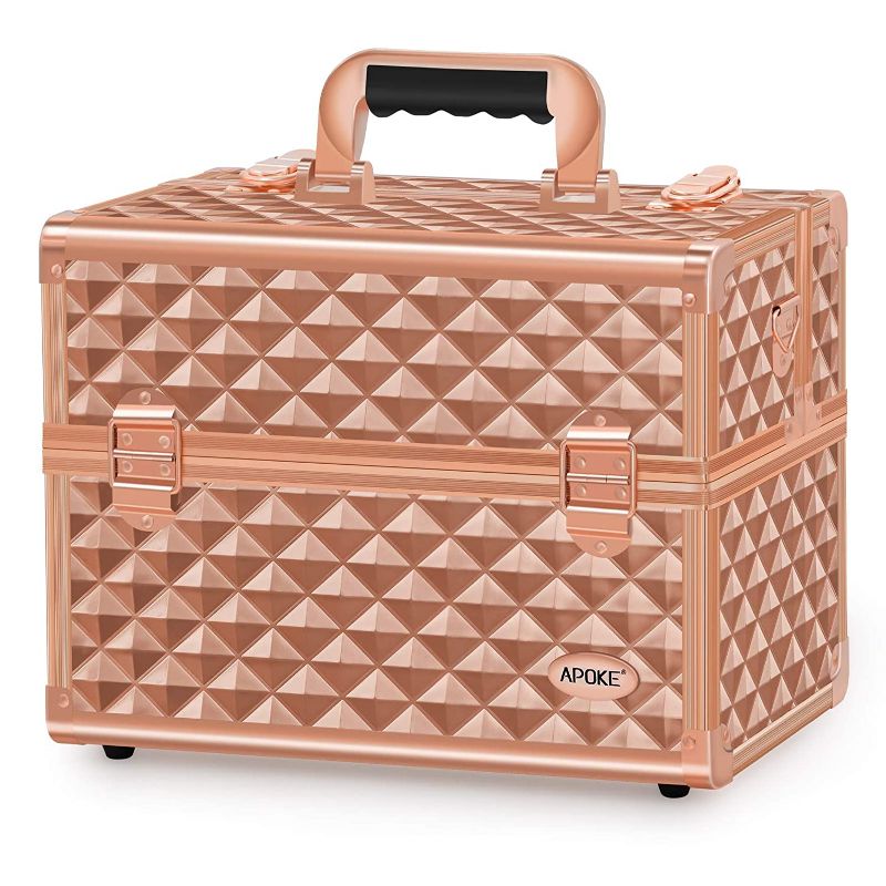 Photo 1 of APOKE Makeup Train Case Large, Portable 4-Tier Trays Cosmetic Train Case with Compartments/Mirror, Professional Makeup Storage Organizer Box with Carrying Handle/Shoulder Girdle Back to School
