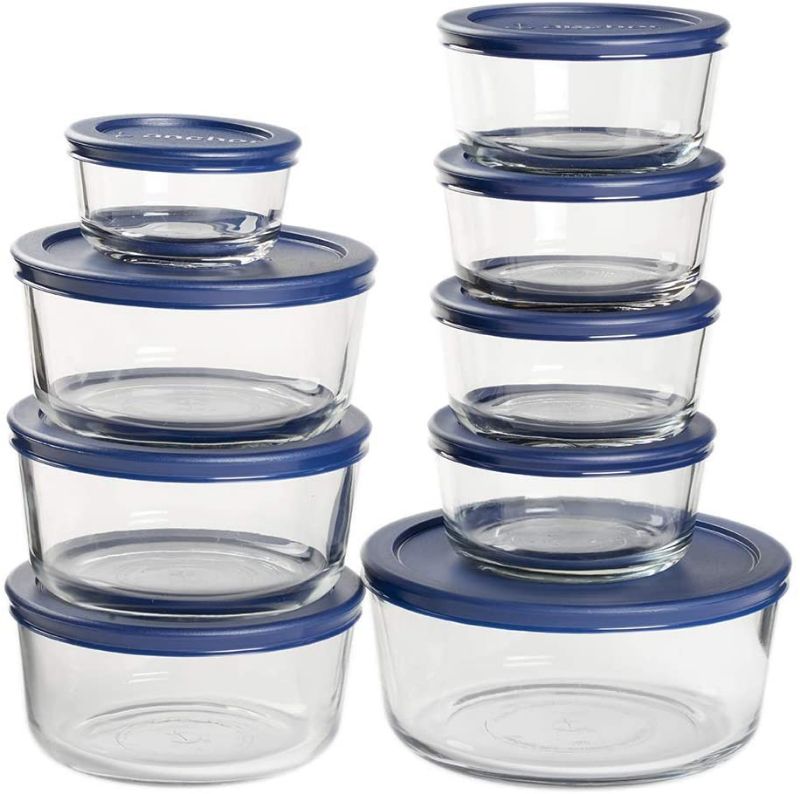 Photo 1 of Anchor Hocking 18 Piece Round Glass Food Storage Navy BPA-Free SnugFit Lids, Space Saving Meal Prep Containers
