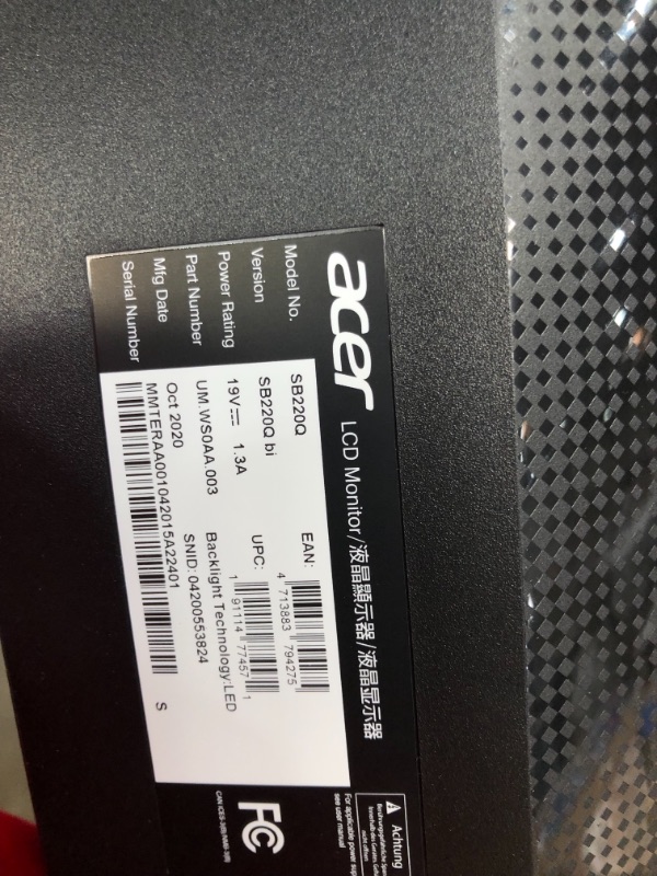 Photo 1 of Acer Sb220q Bi 21.5" Full HD (1920 x 1080) IPS Ultra-Thin Zero Frame Monitor