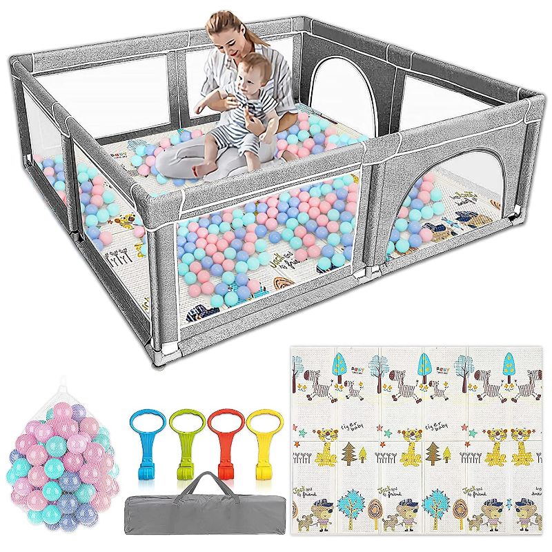 Photo 1 of Baby Playpen for Toddler, Indoor & Outdoor Kids Activity Center, Sturdy Safety Baby Fence Play Area for Toddlers, Kids, Twins, Child, Infants, Tear-Resistant Material &Breathable Mesh (Gray)
