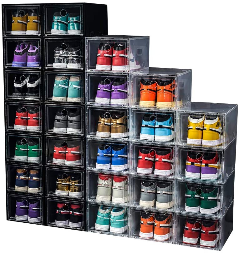Photo 1 of 12 Pack Shoe Storage Box Shoe Box Clear Plastic Stackable Drop Front Shoe Organizer Space Saving Foldable Shoe Container Bin Fit up to US Size 12 (Transparent)
