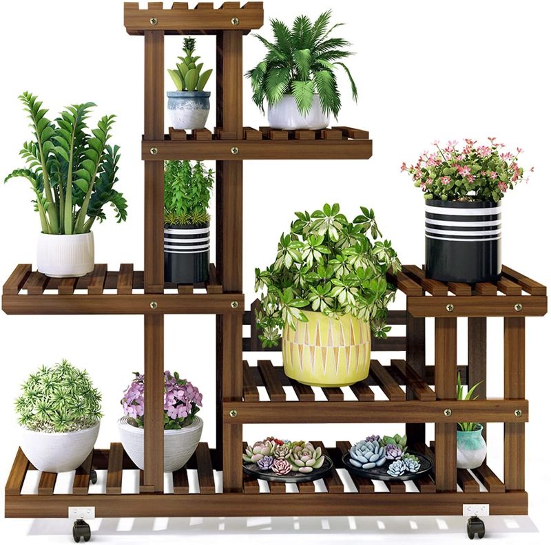 Photo 1 of APUNOL Wood Plant Stand Indoor Outdoor 5 Tier Flower Pot Stand Multiple Shelves Plant Display Rack Holder for Patio Garden, Living Room, Corner Balcony and Bedroom
