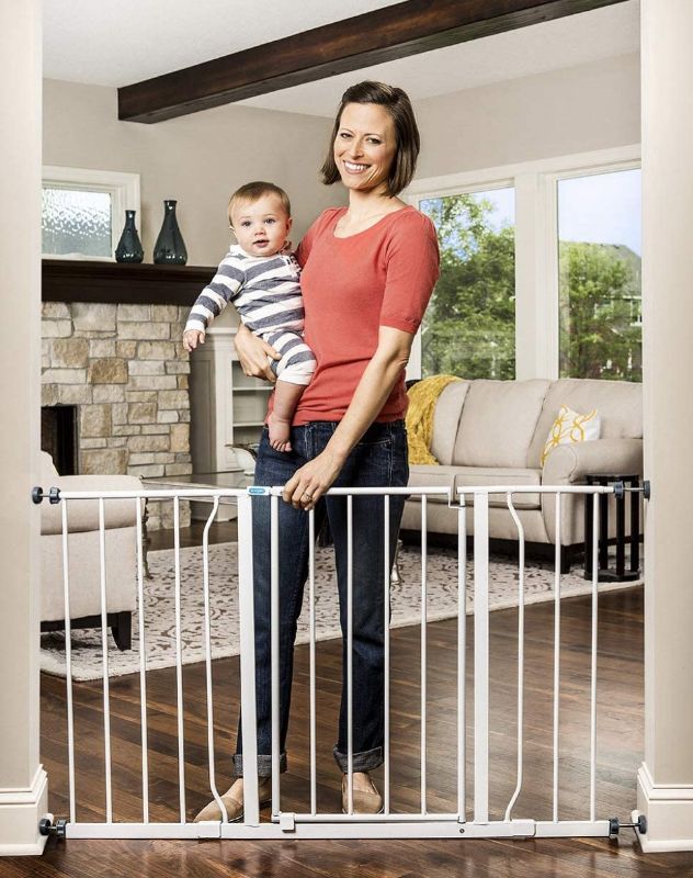 Photo 1 of Easy Open 47-Inch Super Wide Walk Thru Baby Gate, Bonus Kit, Includes 4-Inch and 12-Inch Extension Kit, 4 Pack Pressure Mount Kit and 4 Wall Cups and Mounting Kit
