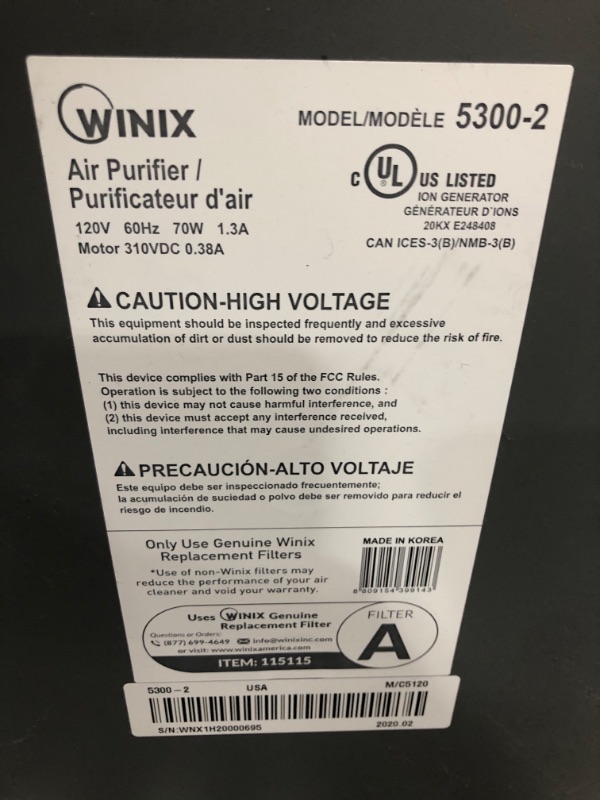 Photo 3 of Winix 5300-2 Air Purifier with True HEPA, PlasmaWave and Odor Reducing Carbon Filter,Gray
